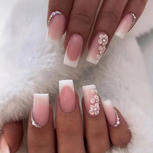 Ceboic French False Nails, Flower Press on Nails Medium Length, White Tip Square Acrylic Stick on Nails with Rhinestones Design, Removable Elegant Fake Nails for Women Girls Nail Art Accessories