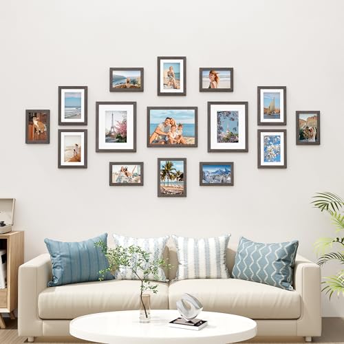 Image of Vittanly 15 Pack Picture Frames Collage Wall Decor for Mounting or Tabletop Display, Gallery Frame Set for Family, Multi Sizes Including 3pcs 8x10, 6pcs 5x7, 6pcs 4x6, Rustic Grey