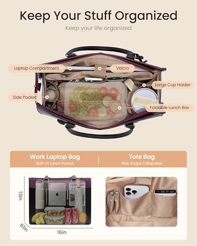Image of LOVEVOOK Laptop Lunch Bag for Women 15.6 Inch, Waterproof Tote Purse with Cup Holder & Elegant Clutch