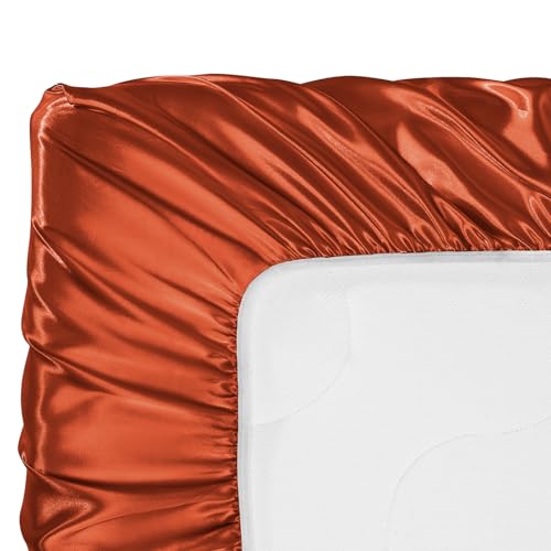 Image of SiinvdaBZX 2 Pcs Satin Crib Sheets for Baby Hair, Rust Orange & Beige | 52 x 28 Inch Silk-Like Soft Fitted Crib Sheets Baby Mattress Sheets for Standard Crib, Toddler Mattress, with 8 Inch Pocket