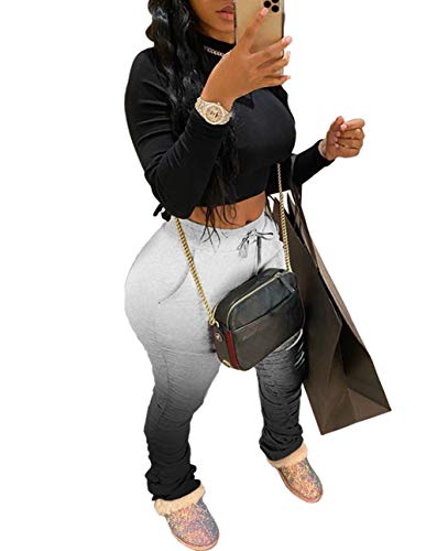 Salimdy Women's Active Sweatpants Cotton Workout Joggers Pants Gradient Yoga Sport Stacked Leggings with Pockets Black 2XL