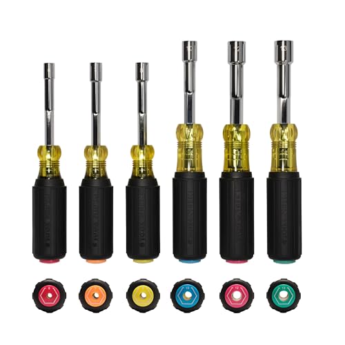 Klein Tools 65456M Metric Color-Coded Hollow-Shaft Nut Driver Set 6-Piece Heavy-Duty Color-Coded Hex Sizes 6mm to 13mm Cushion-Grip Handles 6-Piece