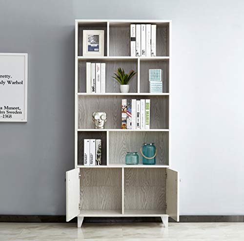 Mixcept Modern Bookcase With 2 Doors 68" Tall Storage Cabinet Wooden Bookshelf With 7 Compartments For Home Office, White Wash #TOP2