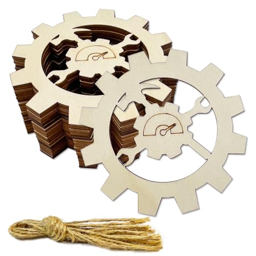 20 Pieces 4 inch Unfinished Gear Wood DIY Crafts Cutouts Wooden Steampunk Style Design Shaped Hanging Ornaments with Hole Hemp Ropes Gift Tags for Home Party Decoration Craft Project