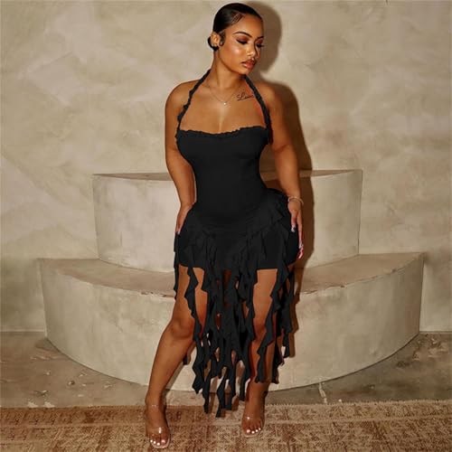 Image of Women's Summer Mini Dress Sexy Halter Backless Ruffle Fringe Bodycon Short Dress Cocktail Party Beach Vacation Sundress
