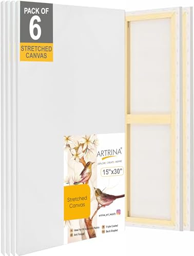 Image of Artist Standard Series 10 Oz (440 GSM) 100% Cotton Pre-Stretched Canvas with Wooden Frame 18x40 mm | Primed Canvas Stretched for Oil & Acrylic Painting 15 inch x 30 inch (37x75 cm), Pack of 6