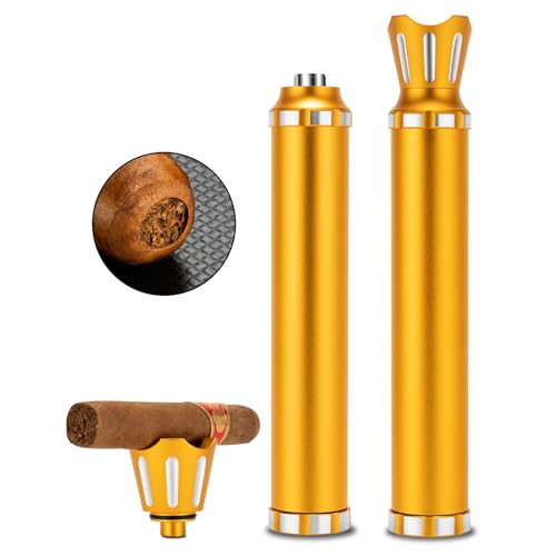 Cigar Tube Aluminum Metal Air Tight & Smell-Proof Cigar Case Tube, Cigars Travel Case 3-in-1 Multifunctional with Cigar Holder&Punch (Gold)