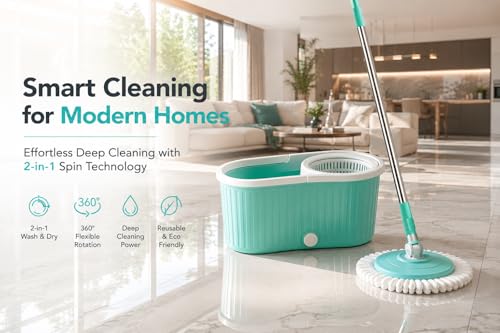 Image of 2-in-1 Bucket Spin Mop with 4 Wheels & Puller Handle | 360 Flexible Hands-Free Floor Cleaning System | Twin Wringer & Wash Bucket | 2 Microfiber Refills | Big Size Pocha Set | Aqua Blue