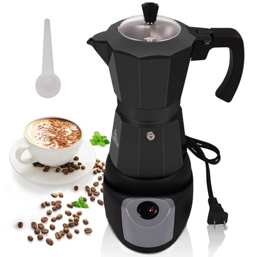 Aluminum Electric Moka Pot 5-6 Cup 270ml Express Coffee Maker Stovetop Espresso Portable Coffeemaker Italian Classic Brewing Greca Cafe Mocha with Removable Base and Overheating Protection Machine