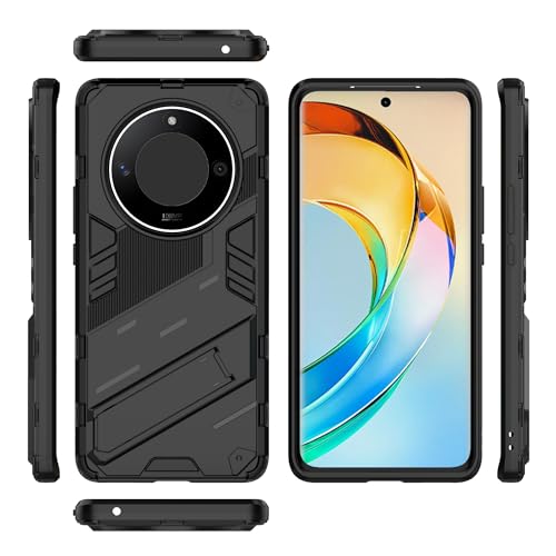 Honor X50 5G (������) �X�����P�[�X�ƌ݊�������A�X�^���h�L�b�N�X�^���h�t�� PC & TPU �d�b�P�[�X�J�o�[�A���ȑϏՌ��ی�J�o�[�u���P�b�g�ی�V�F��(Black)