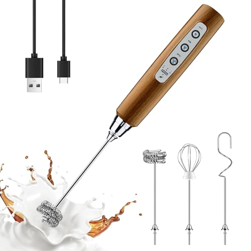 Image of YUSWKO Wood Grain Handheld Milk Frother Wand for Coffee, Rechargeable Electric Whisk with 3 Heads 3 Speeds Drink Mixer Coffee Frother For Latte, Cappuccino, Hot Chocolate, Egg