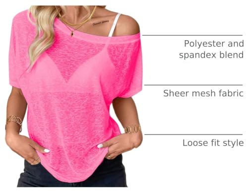 Image of Hilinker Women's Sheer Off The Shoulder Tops See Through Sexy Short Sleeve Mesh Shirt Summer