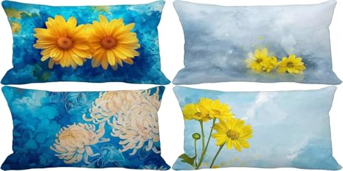 Juego de 4 Funda Cojin 50x70 Fundas de Cojines Amarillo Outdoor Cushion Covers Suave Cogines Sofa Exterior Jardin, Flor Cushion Covers Doble Cara Diseño Estampado, Salón Dormitorio Decorativos 832-v3