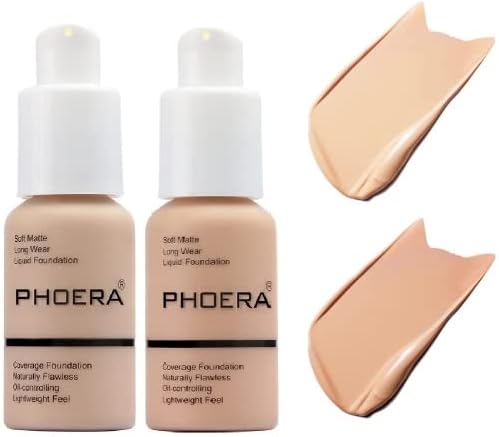 2 Pack PHOERA Foundation,Flawless Soft Matte Oil Control Liquid Foundation Durable Waterproof 24 HR Best Cover up Full Coverage Face Makeup.PHOERA Foundation 102-Nude and 103- Warm Peach