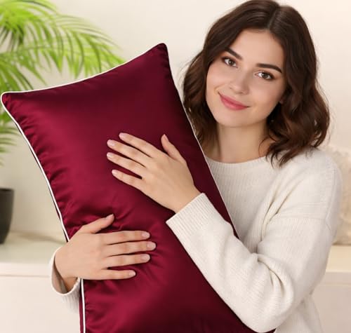 Image of BSB HOME Luxury Satin Silk Pillow Cover | 300 TC Ultra-Smooth Silky Finish | Premium Home Bedding Pillowcase | Soft, Glossy & Skin-Friendly Fabric | 18 x 28 Inches (Merlot)