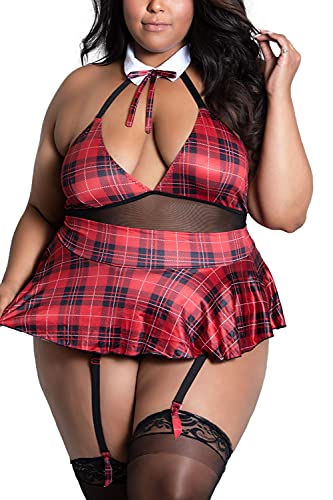 Evelust Womens Plus Size Schoolgirl Lingerie - Sexy Roleplay Uniform Plaid Sheer Halter Teddy Tie Mini Skirt Costume Set(Red,2Xl,804E) #TOP1