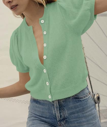 Image of Womens Puff Short Sleeve Cardigan Sweaters Cropped Button up Lightweight Y2k Knit Summer Cardigans