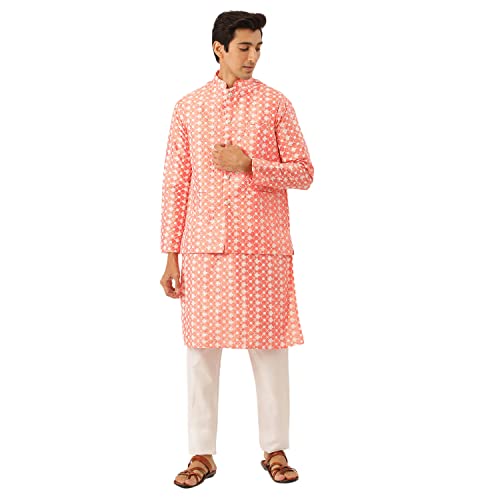 Image of SOJANYA (Since 1958 Men's Silk Blend Light Green Kurta & Nehrujacket with White Pyjama Combo