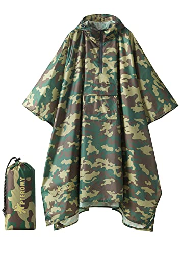 Image of PTEROMY Hooded Rain Poncho for Adult, Waterproof Lightweight Unisex Raincoat for Hiking Camping Emergency