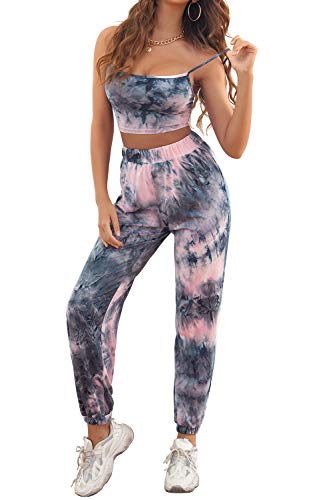 HiMONE Womens Tie Dye 2 Piece Tracksuits Cami Top Side Split Long Pants Set Sports Sweatsuits Tie Dye Pink Medium