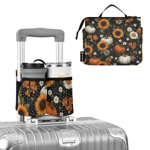 Image of Luggage Cup Holder for Suitcases Free Hands Suitcase Cup Holder Travel Luggage Drink Holder Portable Luggage Cup Caddy Bag Carrier with Handle Black Dotty Pumpkins Sunflowers Daisy