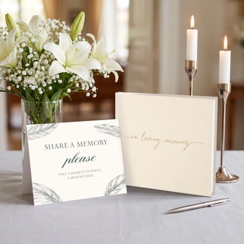 Image of Funeral Guest Book for Memorial Service, in Loving Memory 9x7.5 | 320 Entries, Table Sign Card Included, Gold Stamping, Twill-Textured Paper Cover, Celebration of Life Keepsake, Beige