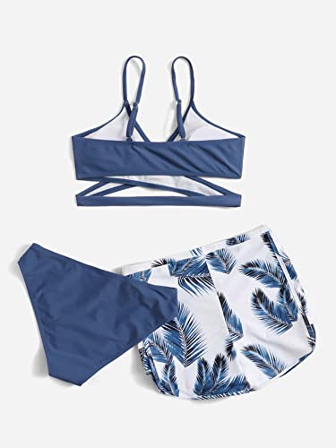 Romwe Girl's 3 Piece Tropical Print Criss Cross High Waist Bikini Set Bathing Suit Swimsuit With Shorts Blue 140 #TOP1