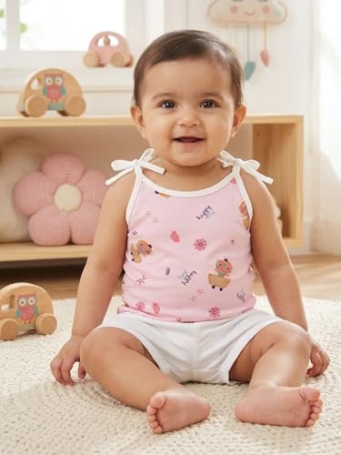 Image of Little Angels Baby Organic Cotton Tie-Knot Sleeveless Jhabla Vest Set | Pack of 4 | Soft & Breathable Printed Tops for Newborn & Infant Girls (0-12 Months)