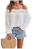 SweatyRocks Women's Off The Shoulder Lace Blouse Long Sleeve Casual Shirts Vacation Tops White Medium