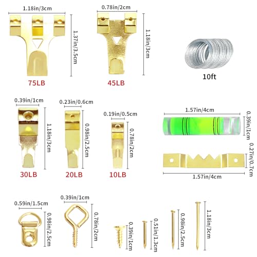 Image of 303 Pcs Picture Hanging Kit,Picture Hangers,Picture Hanging Wire Wall Hanging Kit,Frame Hangers,Frame Hooks,Picture Hooks Accessories with Hanging Nails,Hanging Wires(Gold)
