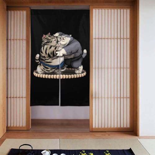 おもしろ 猫柄 かわいい 猫 ねこ 大相撲 のれん 間仕切り 遮光 暖簾 ロング 目隠し カーテン 玄関 キッチン リビング 出入り口 飲食店 幅86cm*丈1143cm かわいい おしゃれ 年中使用 シンプル プレゼント GV149dX