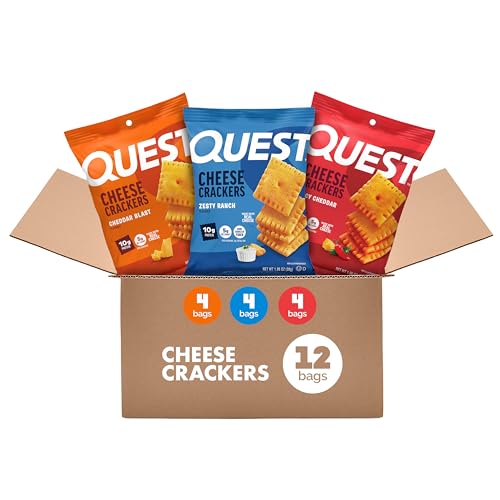 Quest Cheesy Protein Crackers Variety Pack Zesty Ranch Cheddar Blast Spicy Cheddar High Protein Low Carb 12 Count (4 each flavor)
