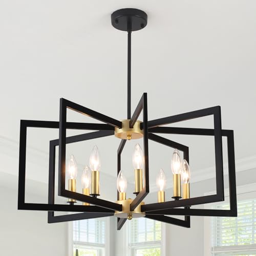 Black and Gold Chandelier 8 Light Large Farmhouse Geometric Chandelier for Dining Room Kitchen...