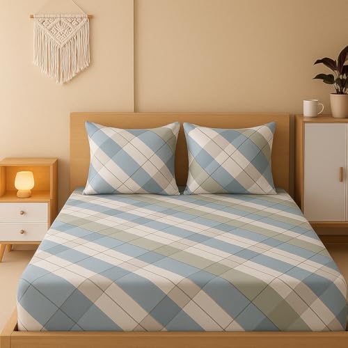 Image of 400 TC Cotton Like Elastic Fitted Bedsheet Set King Size Double Bed || Includes 1 Elastic Bedsheet King Size & 2 Pillow Covers (78 inch x 72 inch inch, Tokyo)