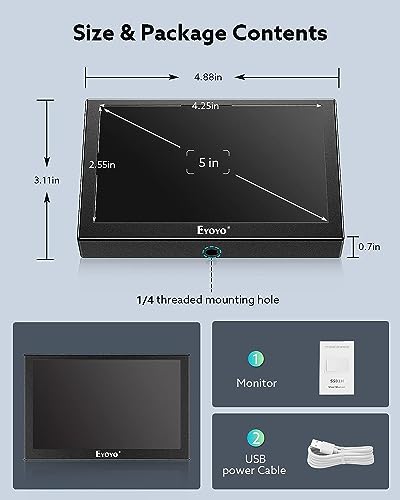 Image of Eyoyo 5 inch Monitor, 800x480 Mini TFT LCD Screen Small Camera | Video Monitor 1 /4 Screw Hole with HDMI /VGA /AV Video Input for Car PC DVD DVR CCD DSLR-140 Wide Angle Metal Housing