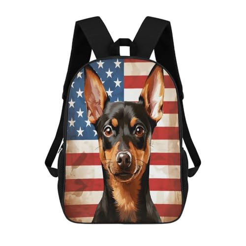 Miniature Pinscher Dog American Flag Backpack Simple Leisure Travel Backpack Outgoing Daypack 17 Inch