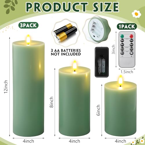 Image of Retisee 3 Pcs Sage Green 6 /8 /12 Inches Flameless LED Candles with Remote and 2 /4 /8h Timer Battery Operated Wax Electric Flickering Pillar Candles for Spring Weddings, Garden Parties Decor