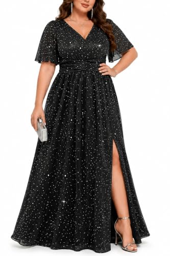 Pinup Fashion Formal Dresses Plus Size Black Evening Gowns Prom Sequin Gala Wedding Guest V Neck Flutter Sleeve Long Dress 2026