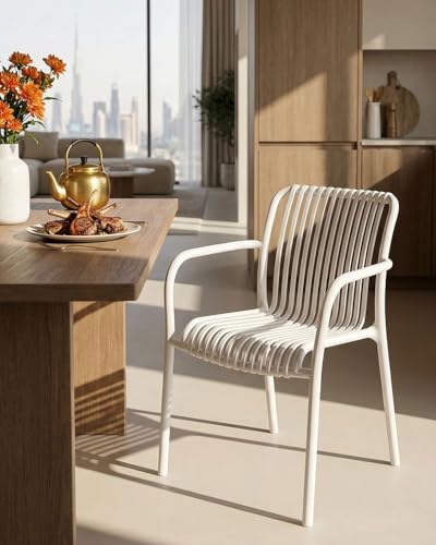 كرسي هاري نورجين أبيض للشرفات والحدائق - كرسي طعام خارجي قابل للتكديس - كرسي بلاستيكي لكل الفصول - مناسب لجلسات المسبح والحدائق والباحات والداخل - تصميم عصري
