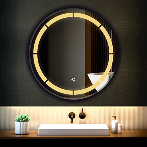 Image of LED Bathroom Wall Mirror with Decorative 3 Light Design | Touch Sensor | Warm | Natural and Cool White | for Wash Basin | Bedroom | Dressing Area Decoration (Round 2nd, 24x24)