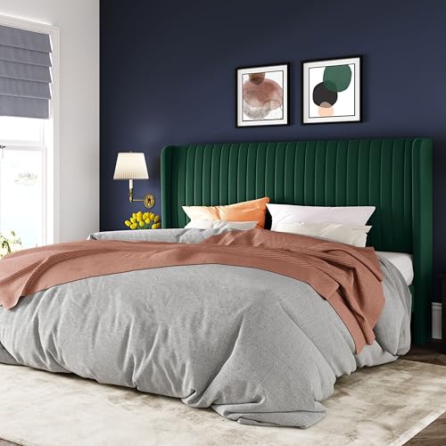 Image of Allewie King Size Bed Frame /Velvet Upholstered Platform Bed /Vertical Channel Tufted Wingback Headboard /Strong Wooden Slats /No Box Spring Needed /Easy Assembly /Green