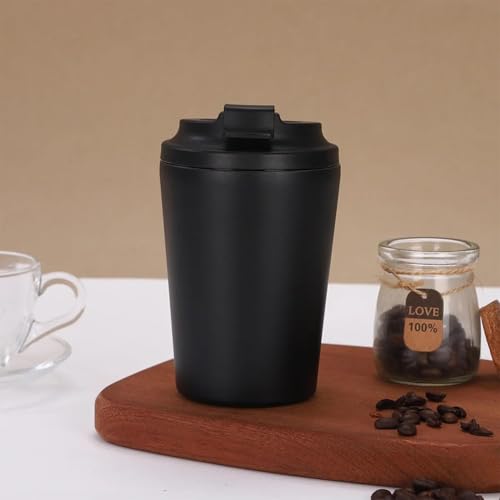Image of Stvin 380ml Insulated Coffee Mug Travel, Stainless Steel Tumbler with Leak-Proof Lid, Reusable Thermal Cup for Hot & Cold Drinks, Car, Office, Camping & More (3rd Black)