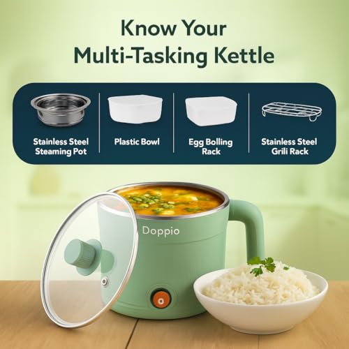 Image of Doppio Electric Multi Cook Kettle with Steamer, 1.5L Stainless Steel Inner Pot, 600W Portable Mini Cooker for Maggi, Eggs, Soup & Boiling, Compact Kitchen Appliance (Green)