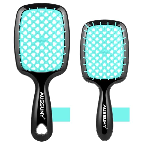 Aussumy Cepillo desenredante ventilado – Paquete de 2 cepillos grandes y mini redondos desenredantes con cerdas suaves para evitar enredos sin esfuerzo, ideal para cabello húmedo seco o dañado para