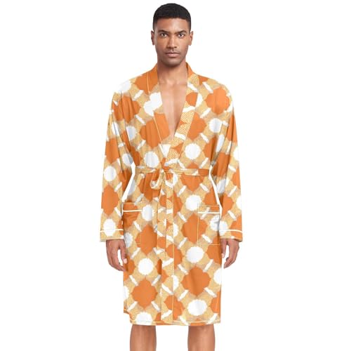 Men’s Robe Orange Pattern Print, Long Sleeve Bathrobe for Sleep Shower-M