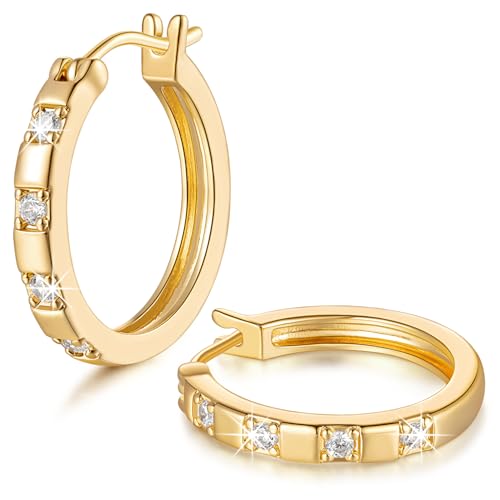 14K Gold Hoop Earrings for Womens Hoops Earrings Small Gold Hoop Earring with Cubic Zirconia Stones 14K Hoops Earring 20/25mm