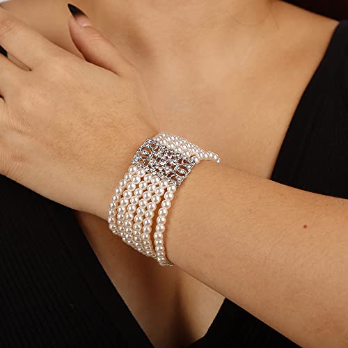 JWICOS Women's Wedding Bridal Crystal Simulated Pearl Layered Row Strand Vintage Stretch Bracelet3