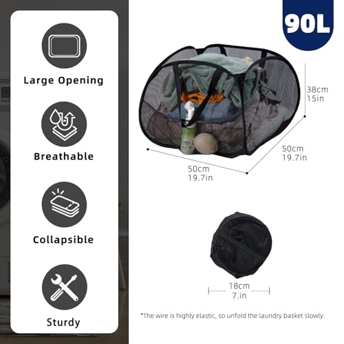 Image of Collapsible Laundry Basket 90L, Foldable Mesh Pop-up Laundry Hamper with Handles, Dirty Clothes Hamper for Laundry with Side Storage Pocket(Black, 2PCS)