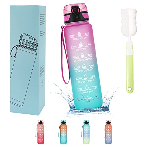 Nyuevo Botella de Agua Motivacional de 1L, Jarra de Agua Deportiva sin BPA Hecha de Tritan, Botella de Agua a Prueba de Fugas con Marcador de Tiempo para Fitness y al Aire Libre (Rosa-Verde) Cover