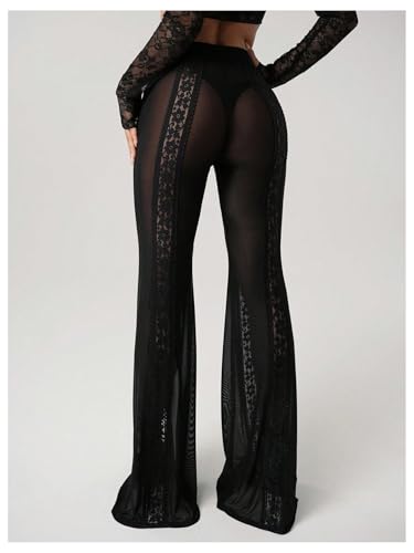 GORGLITTER Women's Floral Lace Bell Bottom Pants Sheer Mesh Boho Goth Flare Leg Sexy Long Pants Leggings3